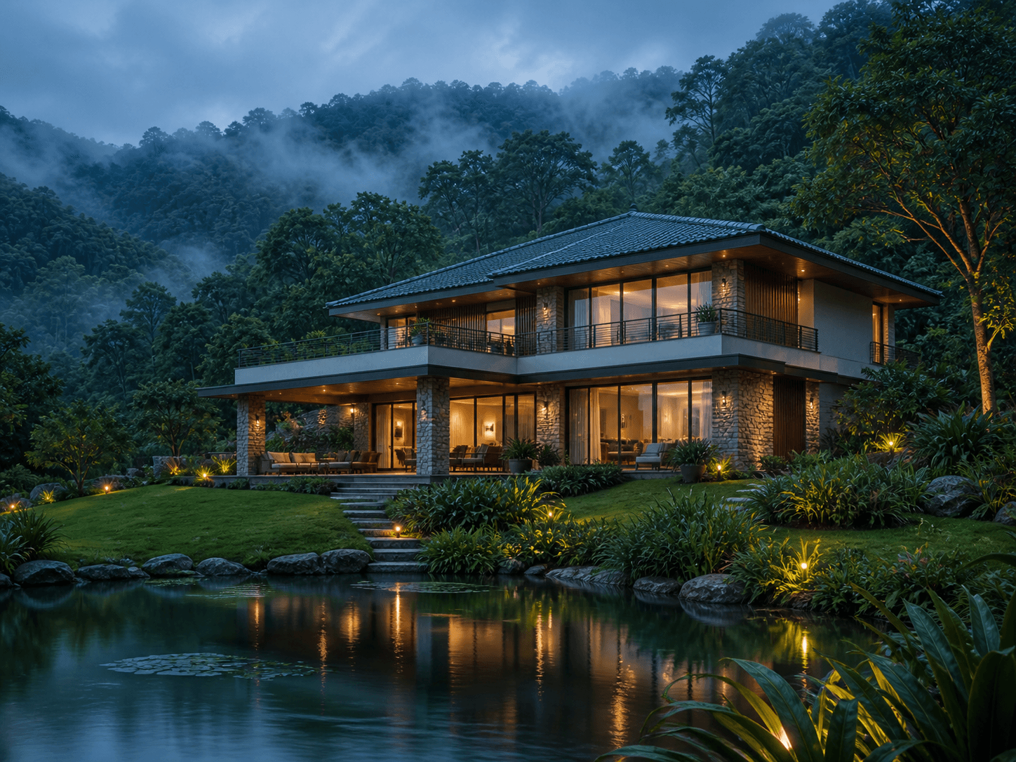 Star Misty Acres villa and pond at dusk in Madikeri