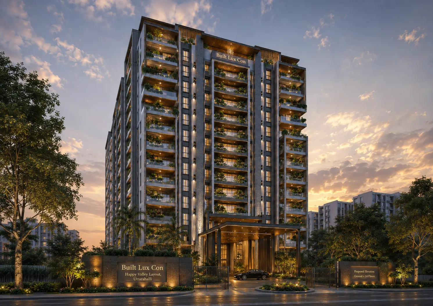 Built Lux Con proposed high-rise apartment entrance in Uttarahalli